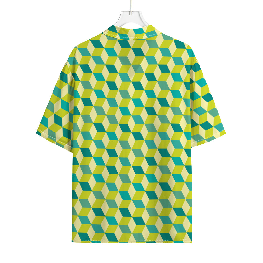 Green Geometric Cube Shape Pattern Print Rayon Hawaiian Shirt