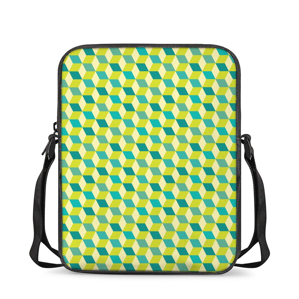 Green Geometric Cube Shape Pattern Print Rectangular Crossbody Bag