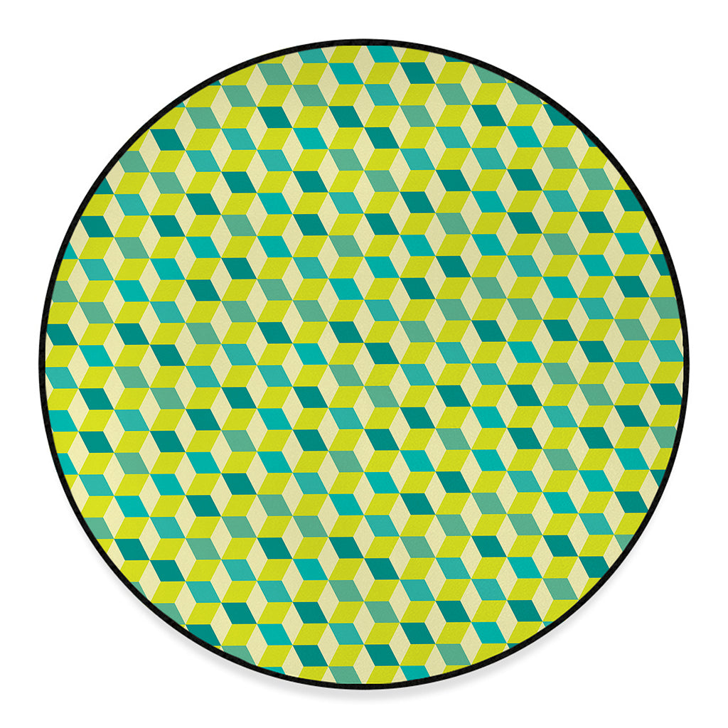 Green Geometric Cube Shape Pattern Print Round Floor Mat