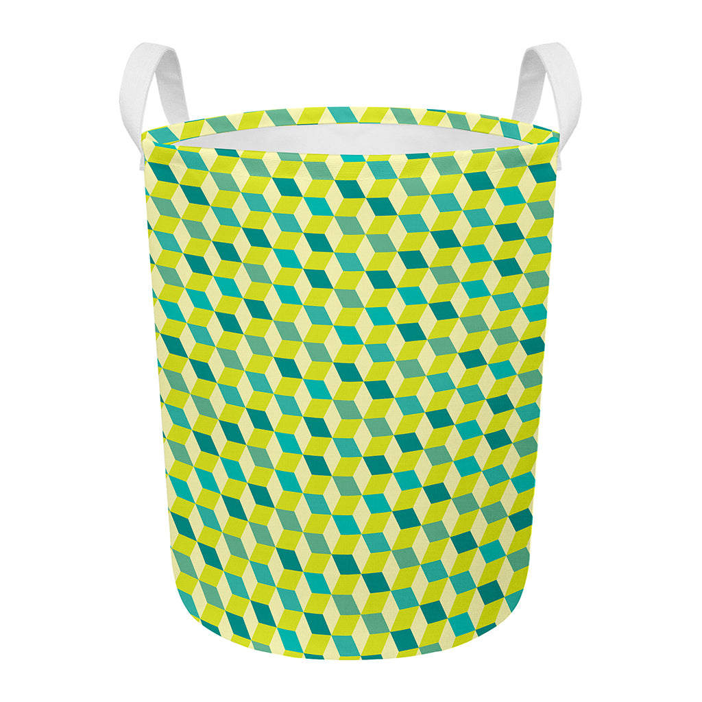 Green Geometric Cube Shape Pattern Print Round Laundry Basket