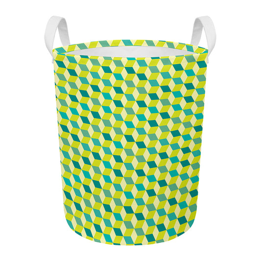 Green Geometric Cube Shape Pattern Print Round Laundry Basket