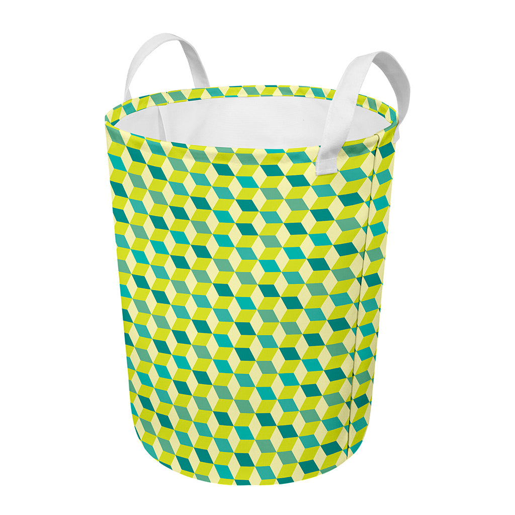 Green Geometric Cube Shape Pattern Print Round Laundry Basket
