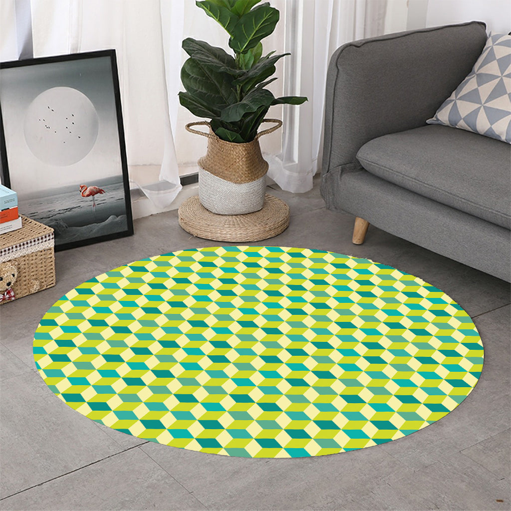 Green Geometric Cube Shape Pattern Print Round Rug
