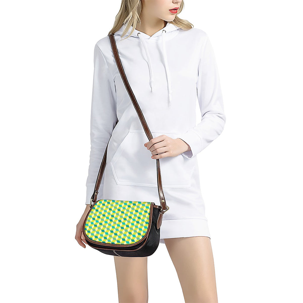 Green Geometric Cube Shape Pattern Print Saddle Bag