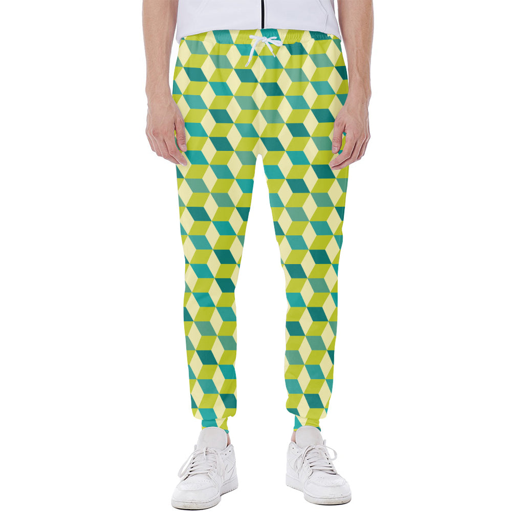 Green Geometric Cube Shape Pattern Print Scuba Joggers