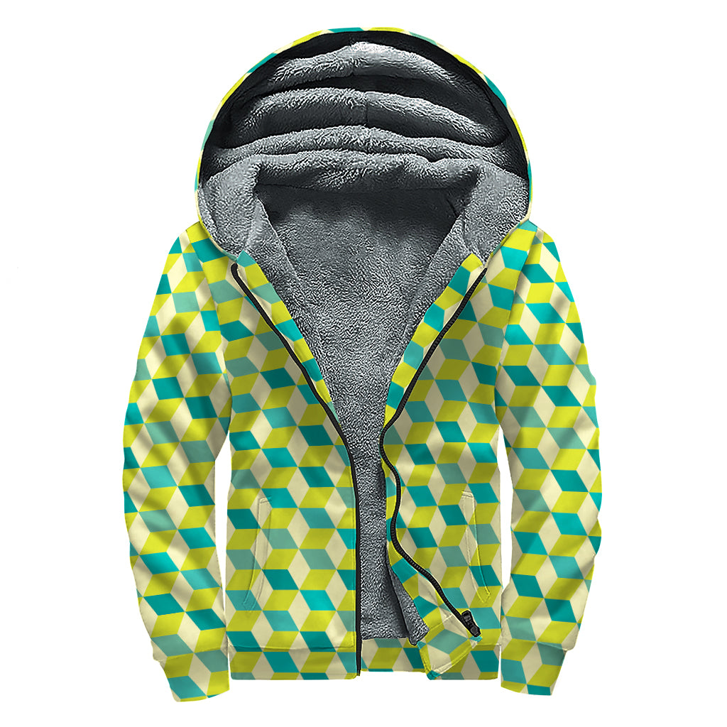 Green Geometric Cube Shape Pattern Print Sherpa Lined Zip Up Hoodie