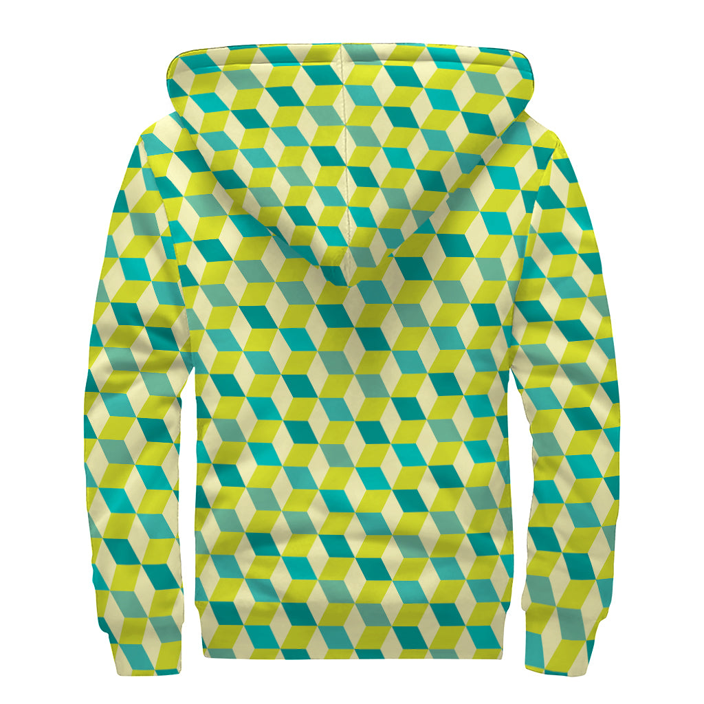 Green Geometric Cube Shape Pattern Print Sherpa Lined Zip Up Hoodie