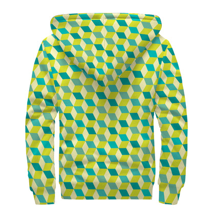 Green Geometric Cube Shape Pattern Print Sherpa Lined Zip Up Hoodie