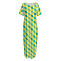 Green Geometric Cube Shape Pattern Print Short Sleeve Long Nightdress