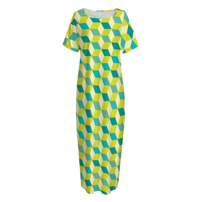 Green Geometric Cube Shape Pattern Print Short Sleeve Long Nightdress