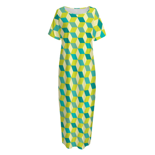 Green Geometric Cube Shape Pattern Print Short Sleeve Long Nightdress