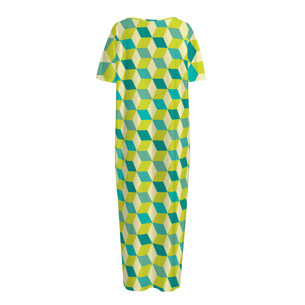 Green Geometric Cube Shape Pattern Print Short Sleeve Long Nightdress