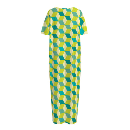 Green Geometric Cube Shape Pattern Print Short Sleeve Long Nightdress