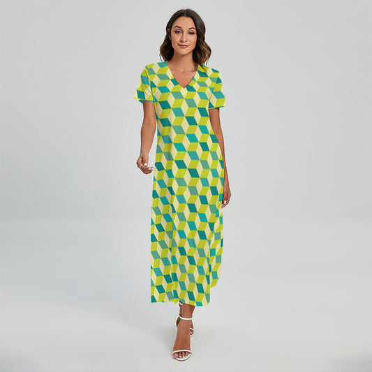 Green Geometric Cube Shape Pattern Print Short Sleeve Maxi Dress