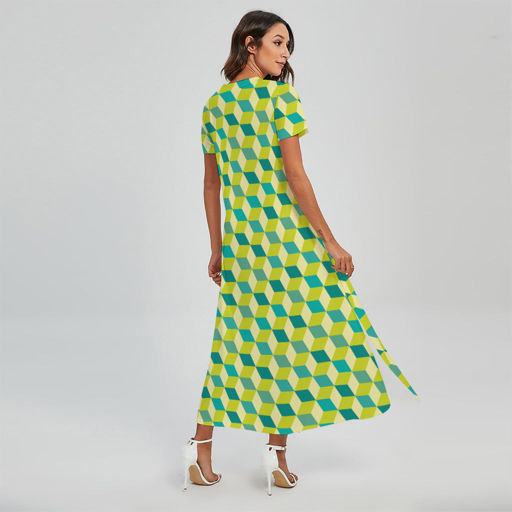 Green Geometric Cube Shape Pattern Print Short Sleeve Maxi Dress