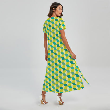 Green Geometric Cube Shape Pattern Print Short Sleeve Maxi Dress