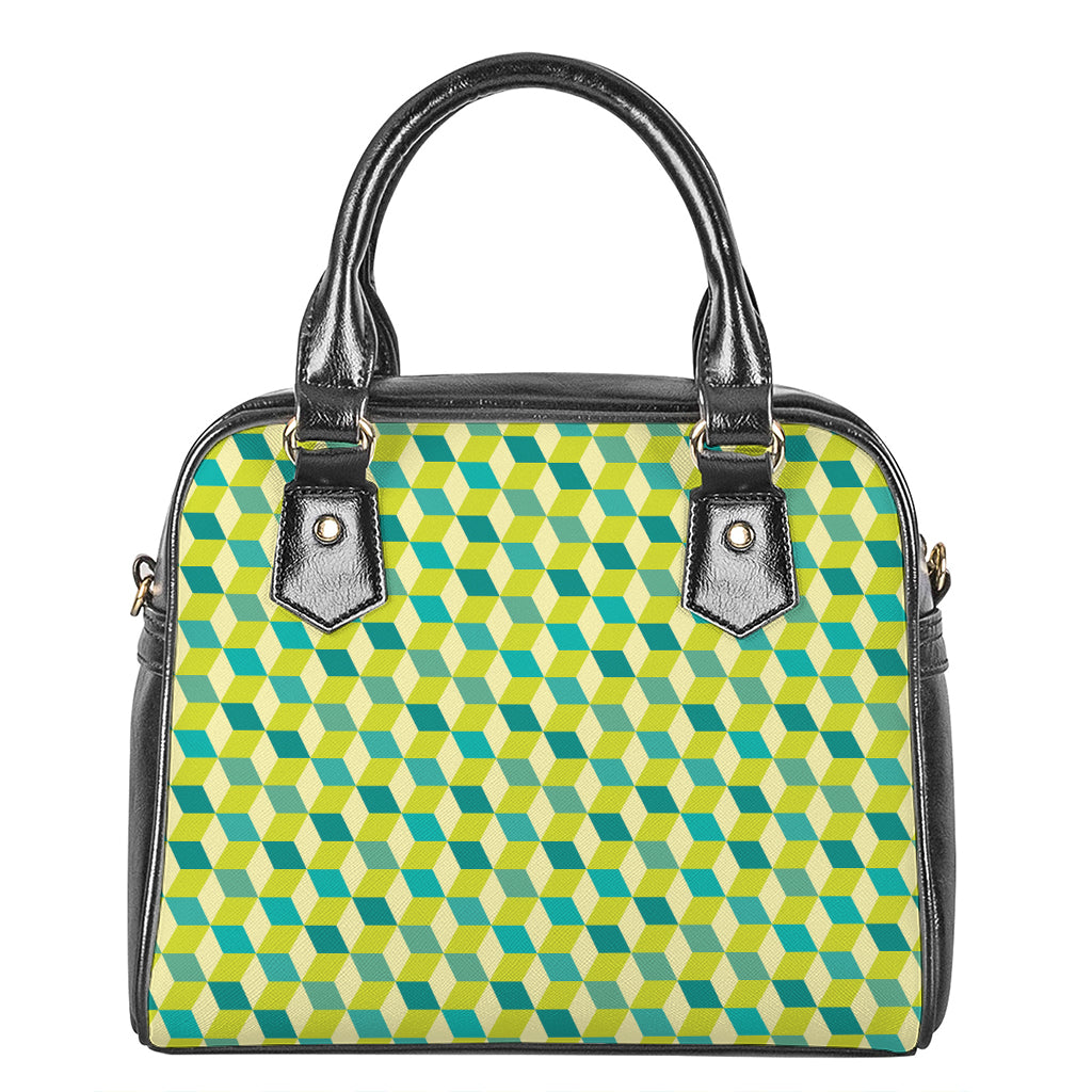 Green Geometric Cube Shape Pattern Print Shoulder Handbag