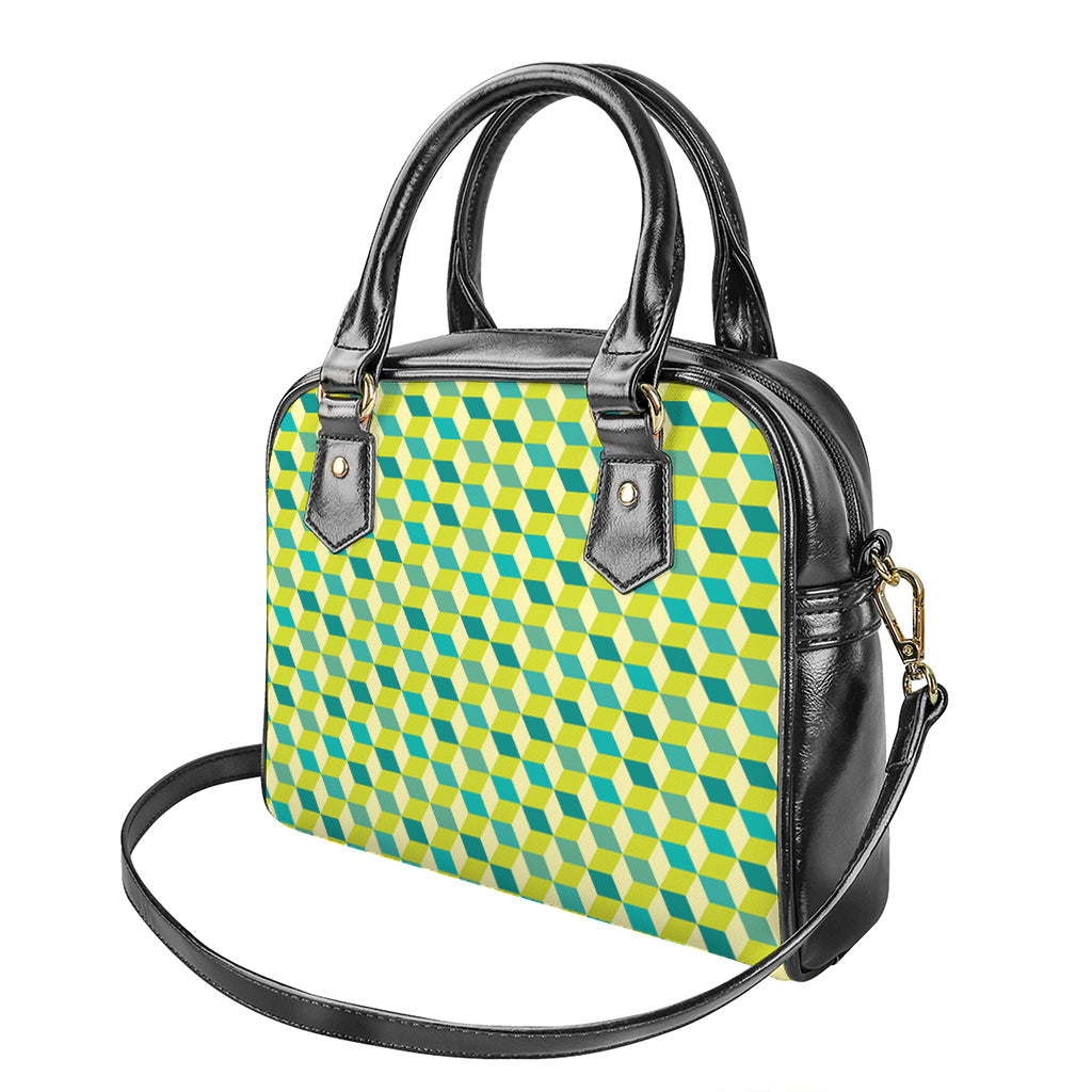 Green Geometric Cube Shape Pattern Print Shoulder Handbag