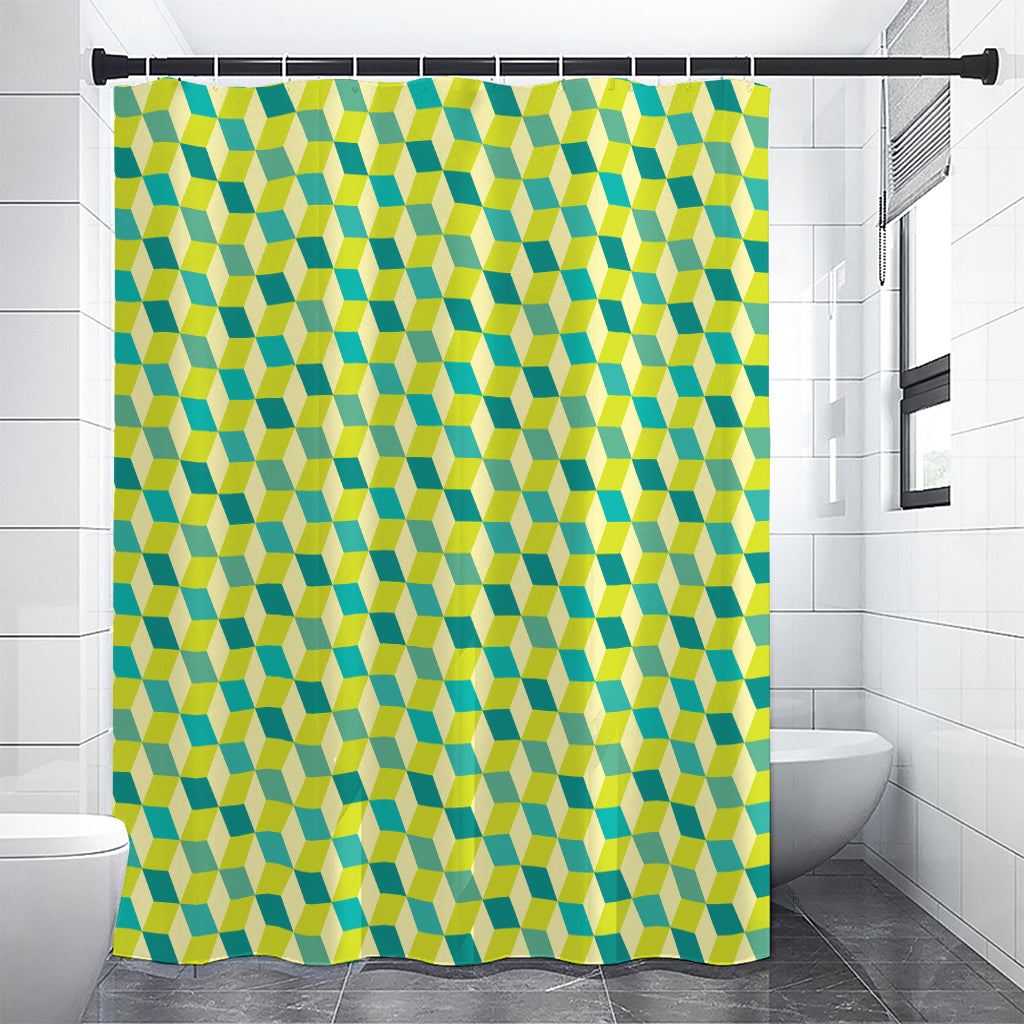 Green Geometric Cube Shape Pattern Print Shower Curtain