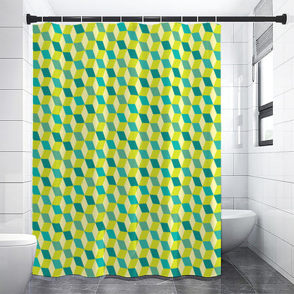 Green Geometric Cube Shape Pattern Print Shower Curtain