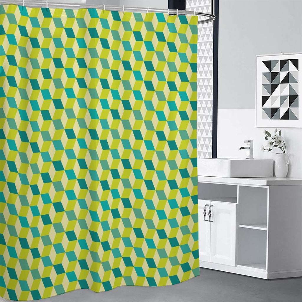 Green Geometric Cube Shape Pattern Print Shower Curtain