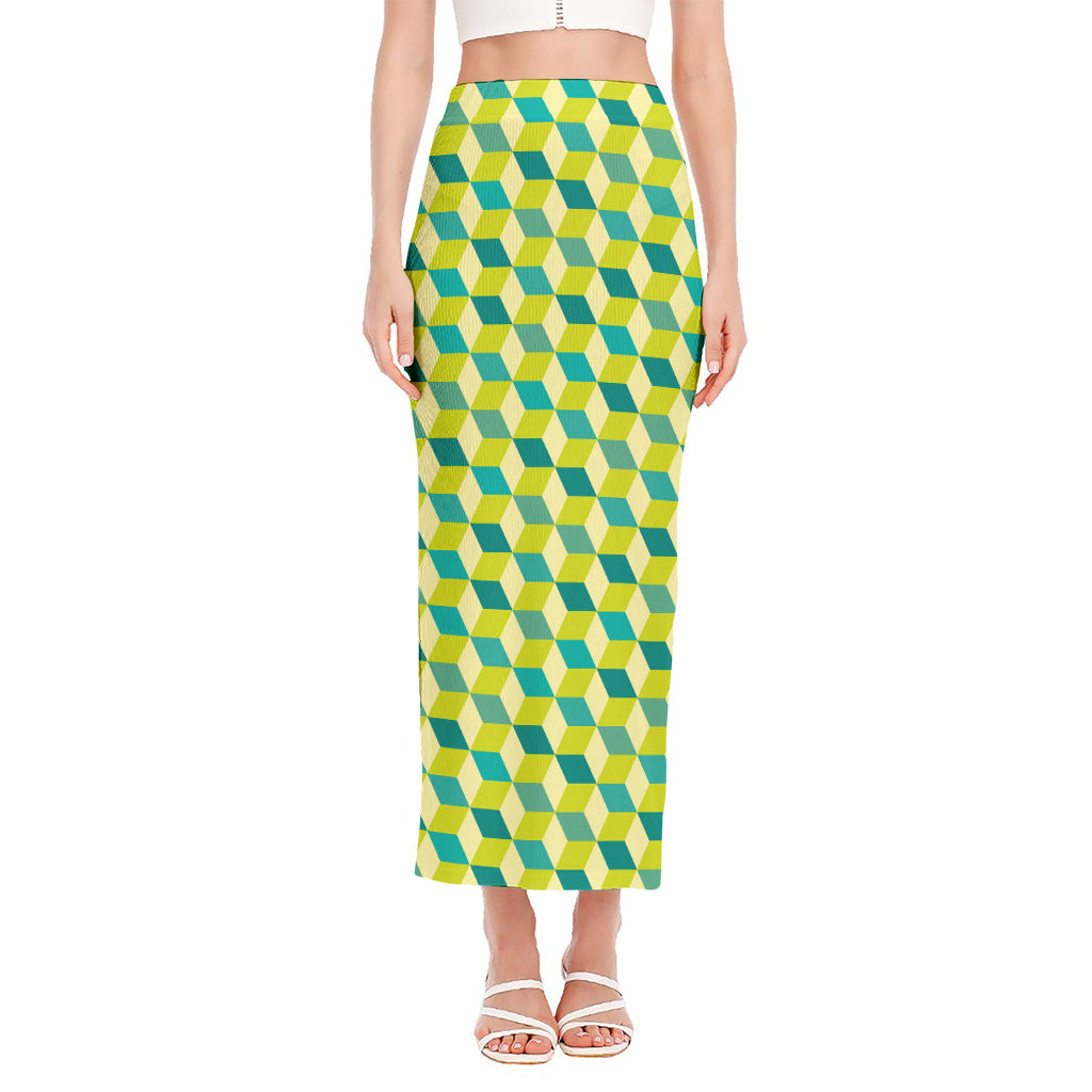 Green Geometric Cube Shape Pattern Print Side Slit Maxi Skirt