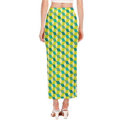 Green Geometric Cube Shape Pattern Print Side Slit Maxi Skirt