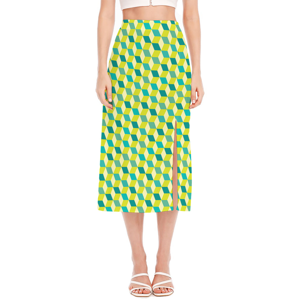 Green Geometric Cube Shape Pattern Print Side Slit Midi Skirt