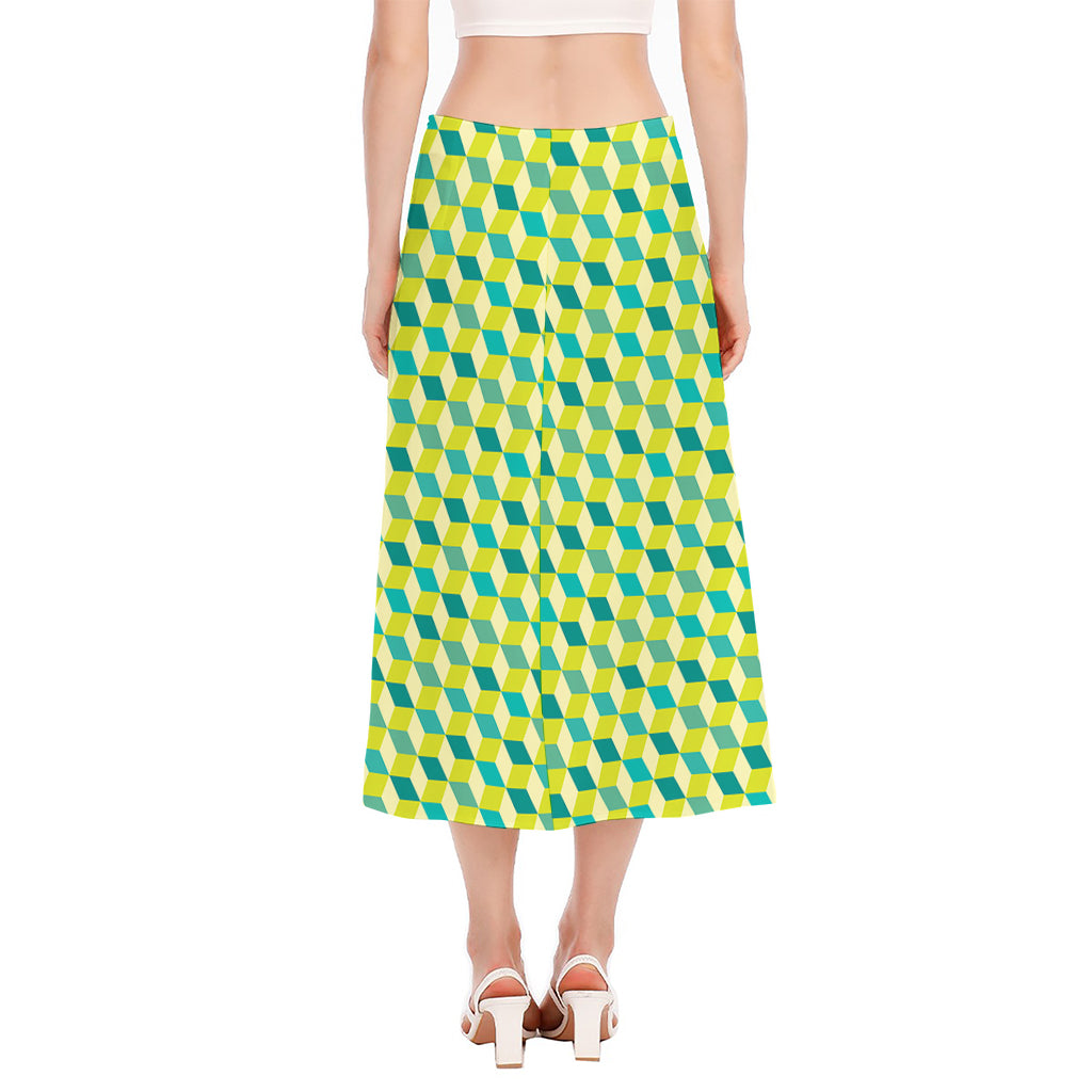 Green Geometric Cube Shape Pattern Print Side Slit Midi Skirt