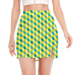 Green Geometric Cube Shape Pattern Print Side Slit Mini Skirt