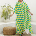 Green Geometric Cube Shape Pattern Print Silk V-Neck Kaftan Dress