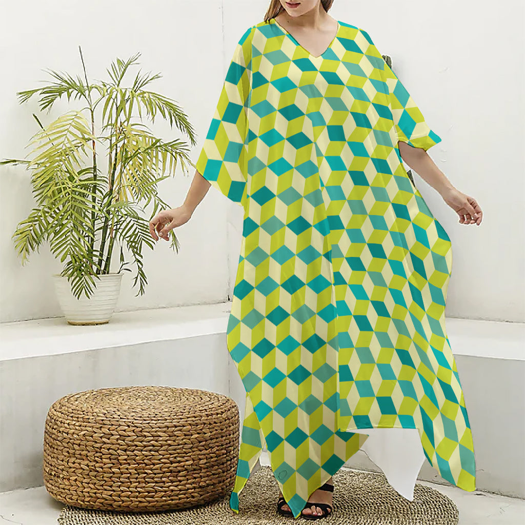 Green Geometric Cube Shape Pattern Print Silk V-Neck Kaftan Dress