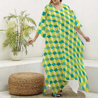 Green Geometric Cube Shape Pattern Print Silk V-Neck Kaftan Dress