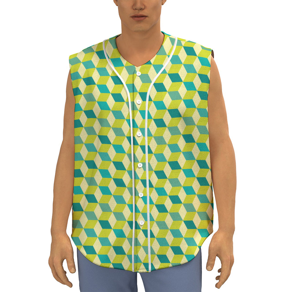 Green Geometric Cube Shape Pattern Print Sleeveless Baseball Jersey