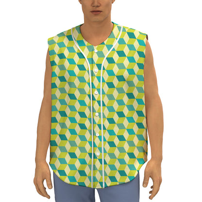 Green Geometric Cube Shape Pattern Print Sleeveless Baseball Jersey