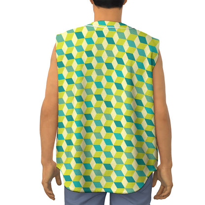 Green Geometric Cube Shape Pattern Print Sleeveless Baseball Jersey