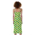 Green Geometric Cube Shape Pattern Print Slim Fit Midi Cami Dress