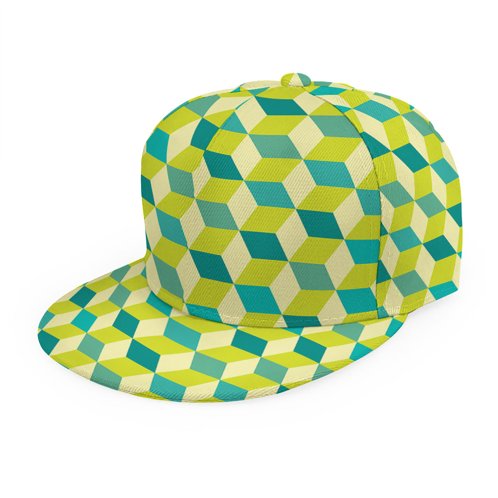 Green Geometric Cube Shape Pattern Print Snapback Cap