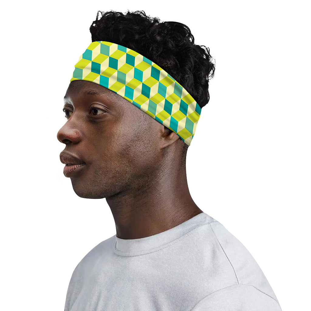 Green Geometric Cube Shape Pattern Print Sports Headband