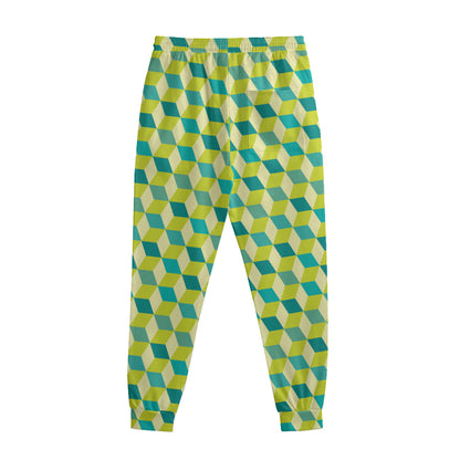 Green Geometric Cube Shape Pattern Print Sweatpants