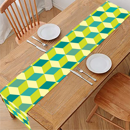 Green Geometric Cube Shape Pattern Print Table Runner