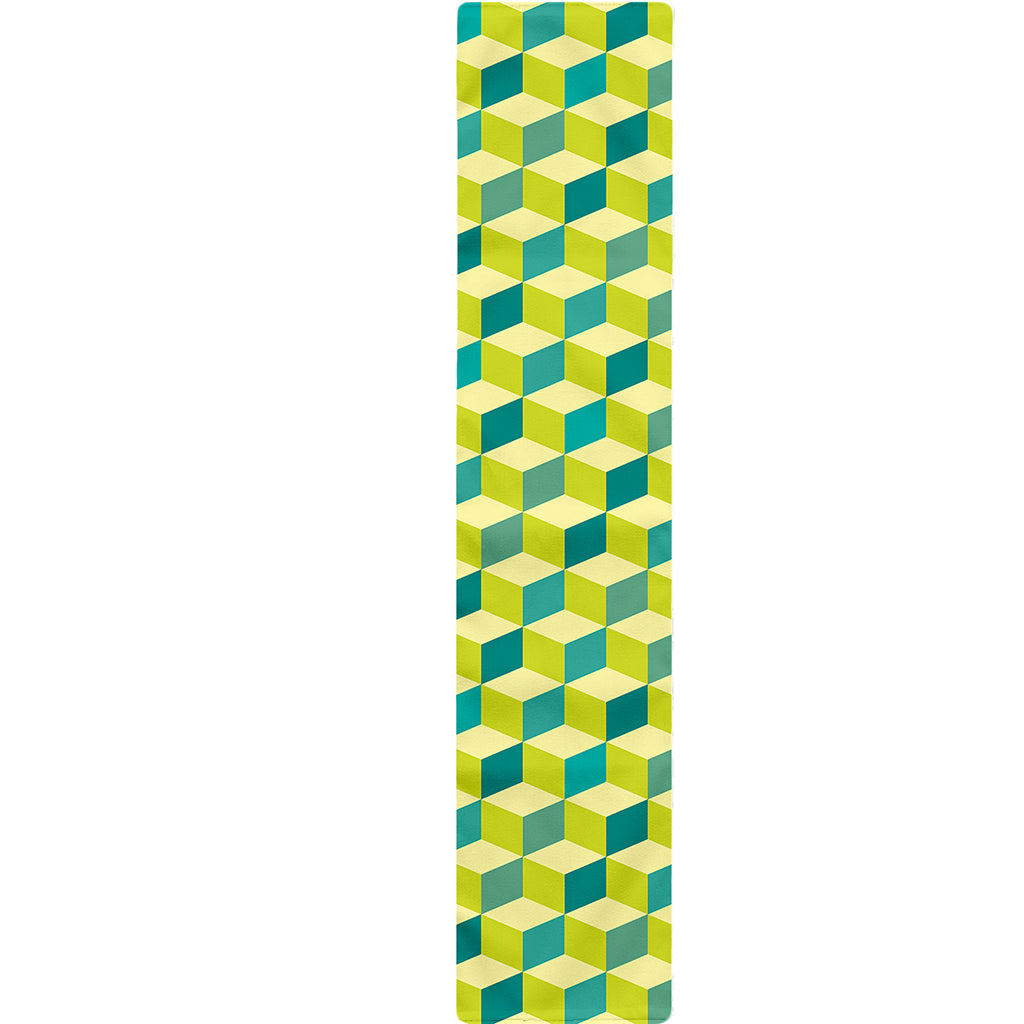 Green Geometric Cube Shape Pattern Print Table Runner