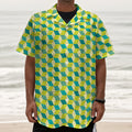 Green Geometric Cube Shape Pattern Print Textured Short Sleeve Shirt