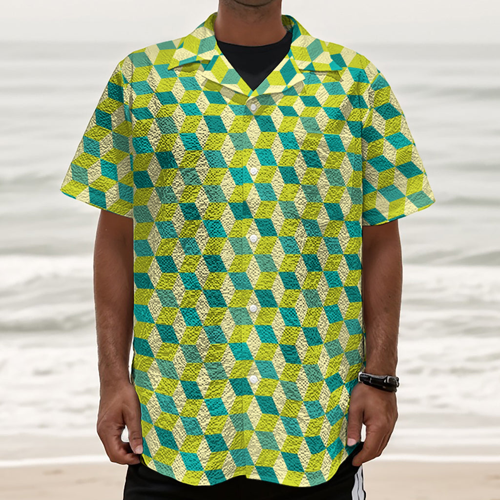 Green Geometric Cube Shape Pattern Print Textured Short Sleeve Shirt