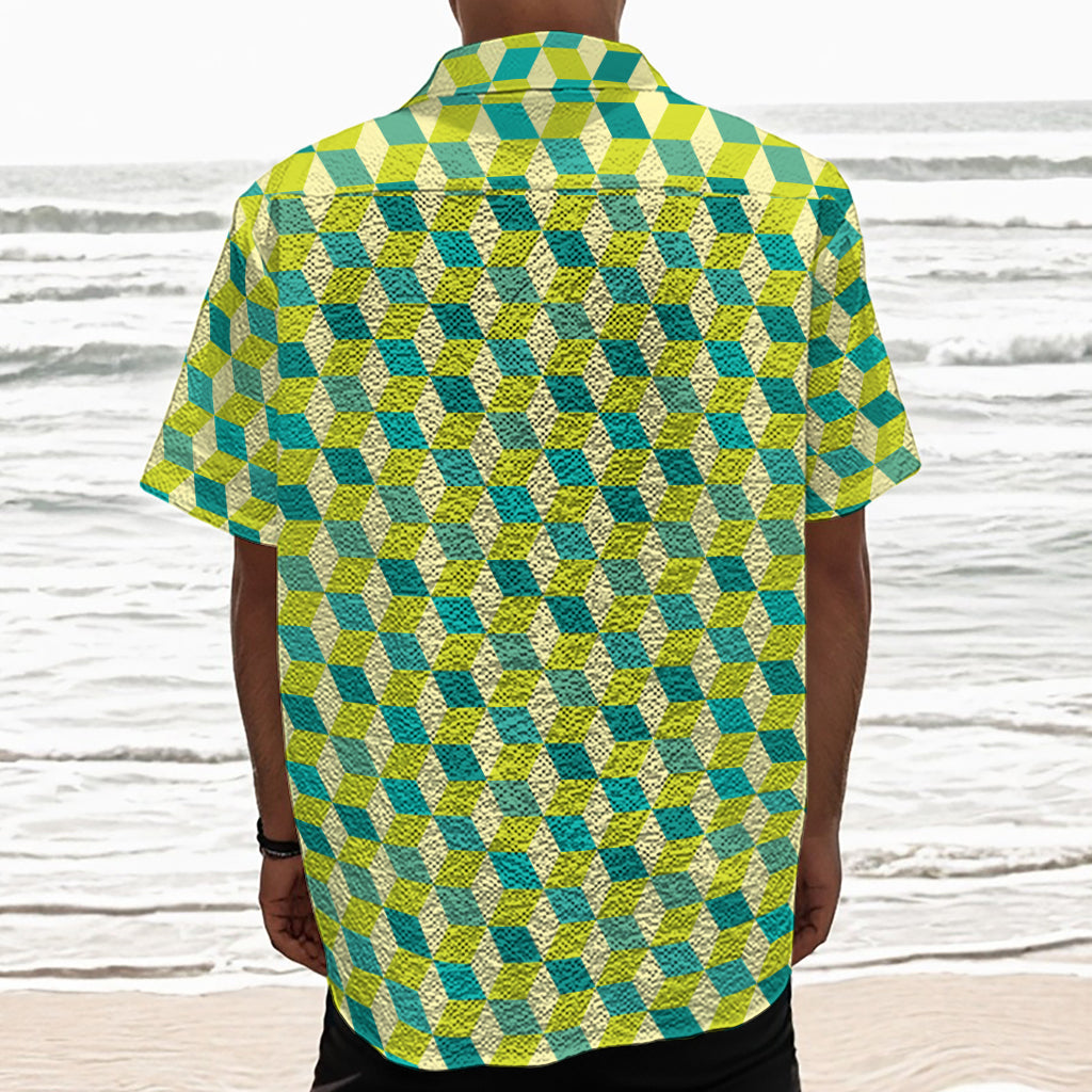 Green Geometric Cube Shape Pattern Print Textured Short Sleeve Shirt