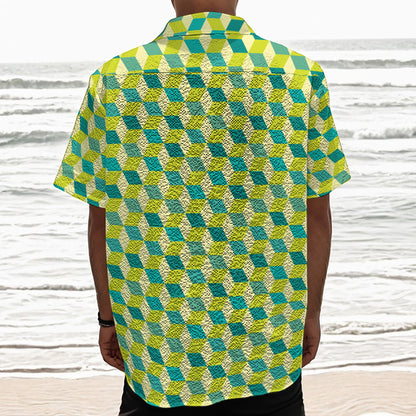 Green Geometric Cube Shape Pattern Print Textured Short Sleeve Shirt