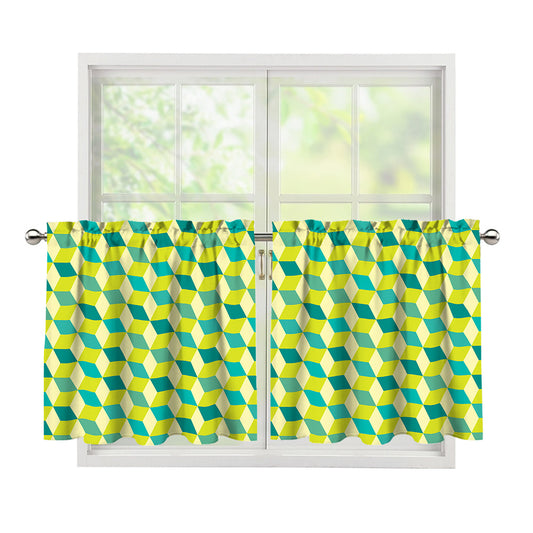 Green Geometric Cube Shape Pattern Print Tier Curtains