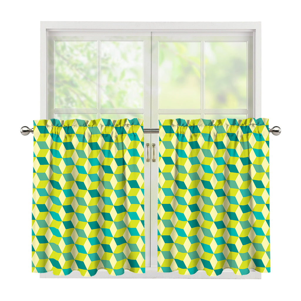 Green Geometric Cube Shape Pattern Print Tier Curtains