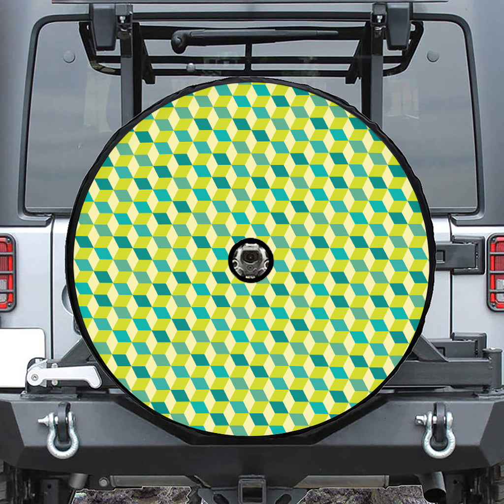 Green Geometric Cube Shape Pattern Print Tire Cover With Camera Hole