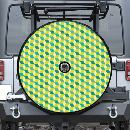 Green Geometric Cube Shape Pattern Print Tire Cover With Camera Hole